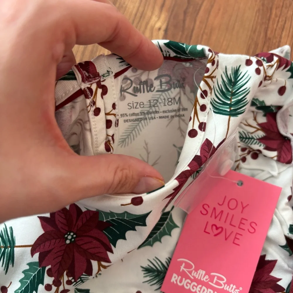 RuffleButts Holiday Bubble Romper in Poinsettia + Leggings Size 12 - 18 mo
